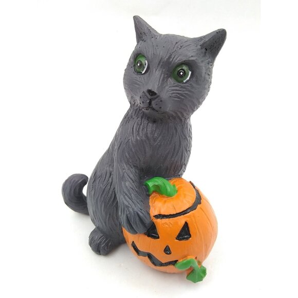 Unmarked Black Cat Halloween Hold Pumpkin Jack Lantern Resin/Ceramic? Figurine - Picture 1 of 10